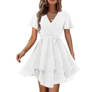 Summer Wrap Dress Short Sleeve Casual V Neck Ruffle Mini Dresses